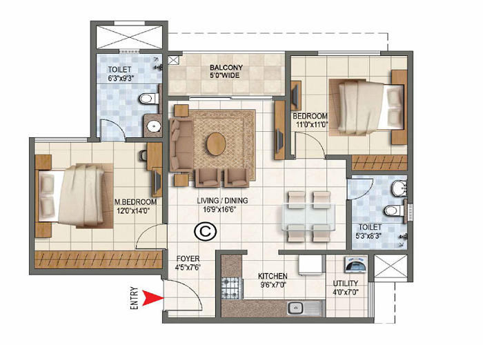 Sattva Vasanta 3 BHK Floor Plan